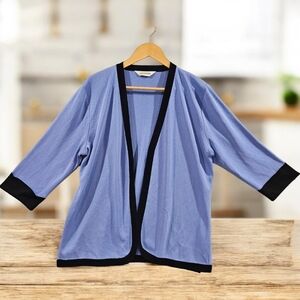 Misook SZ L Classy Periwinkle 3/4 Sleeve Open Front Black Trim Dressy Cardigan